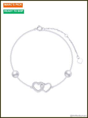 10k Gold Double Heart Bracelet Created Moissanite Freshwater Pearl 8.4 in